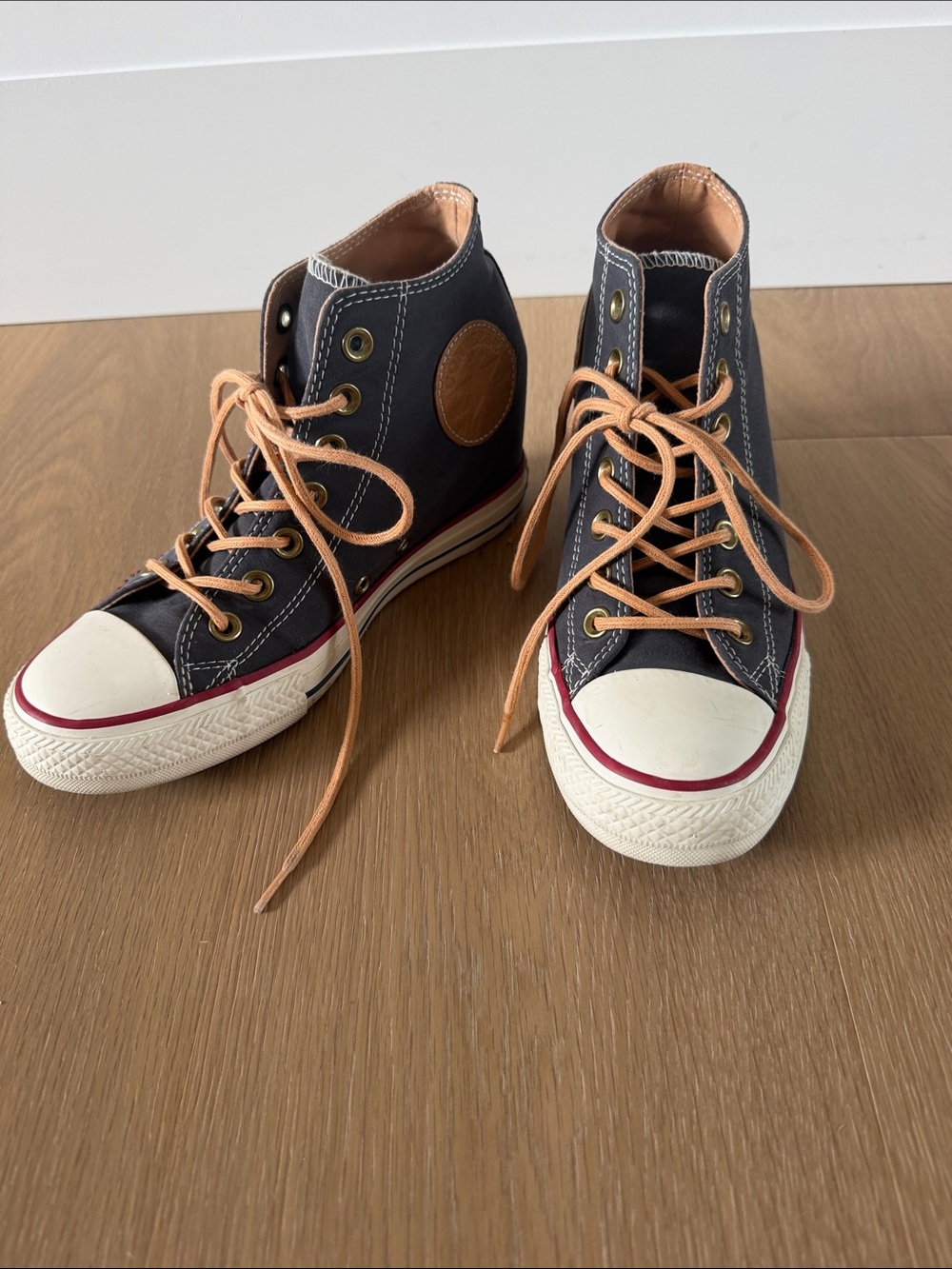 Converse Women’s Wedge High-Top Sneakers in Grey/Blue with Tan Laces